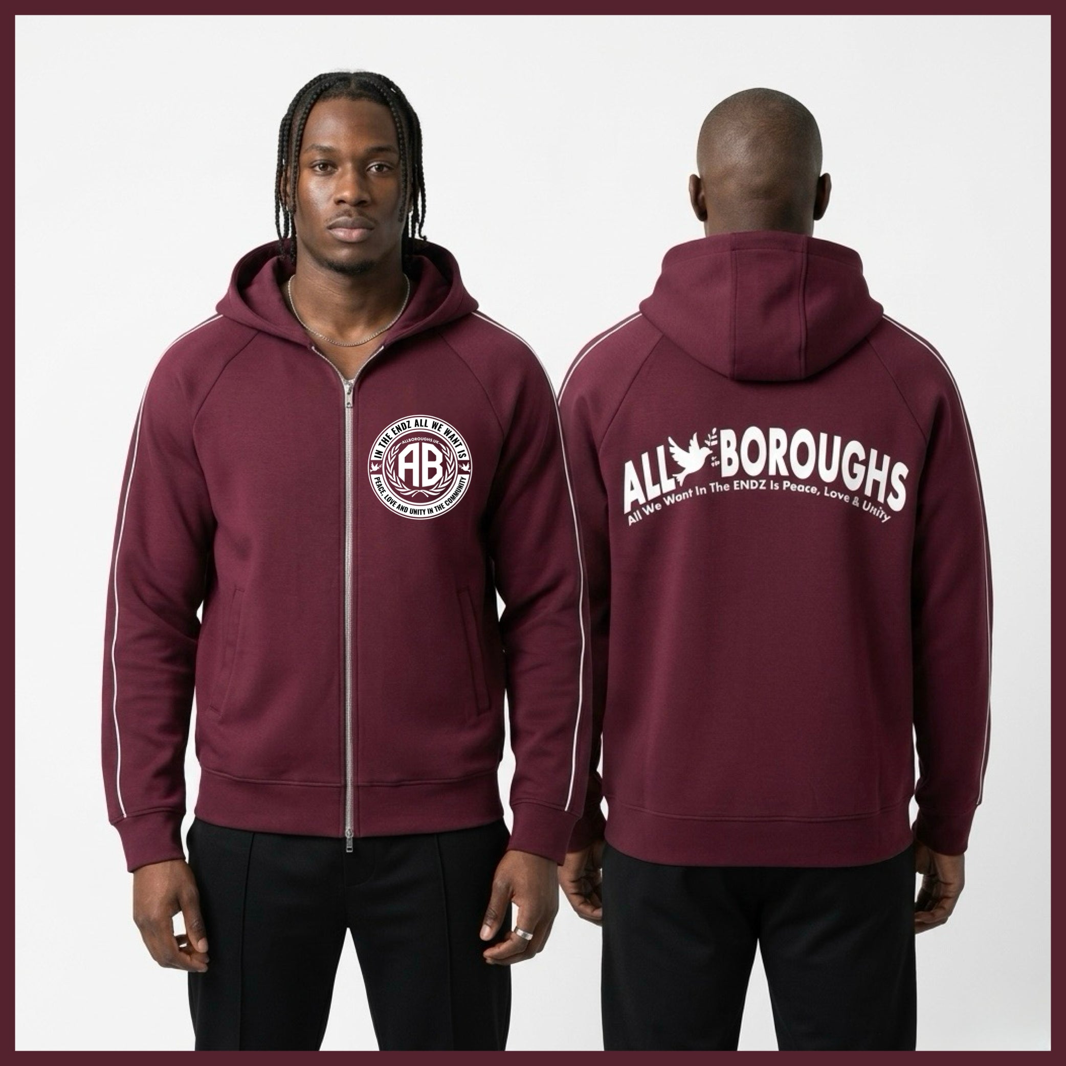 Maroon hoodie with 'All Boroughs' branding on a white background. Also known as All Boroughs.