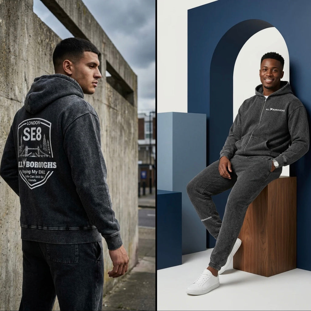 Two images of a person wearing a gray Allboroughs hoodie, one outdoors and one indoors. Also known as All Boroughs