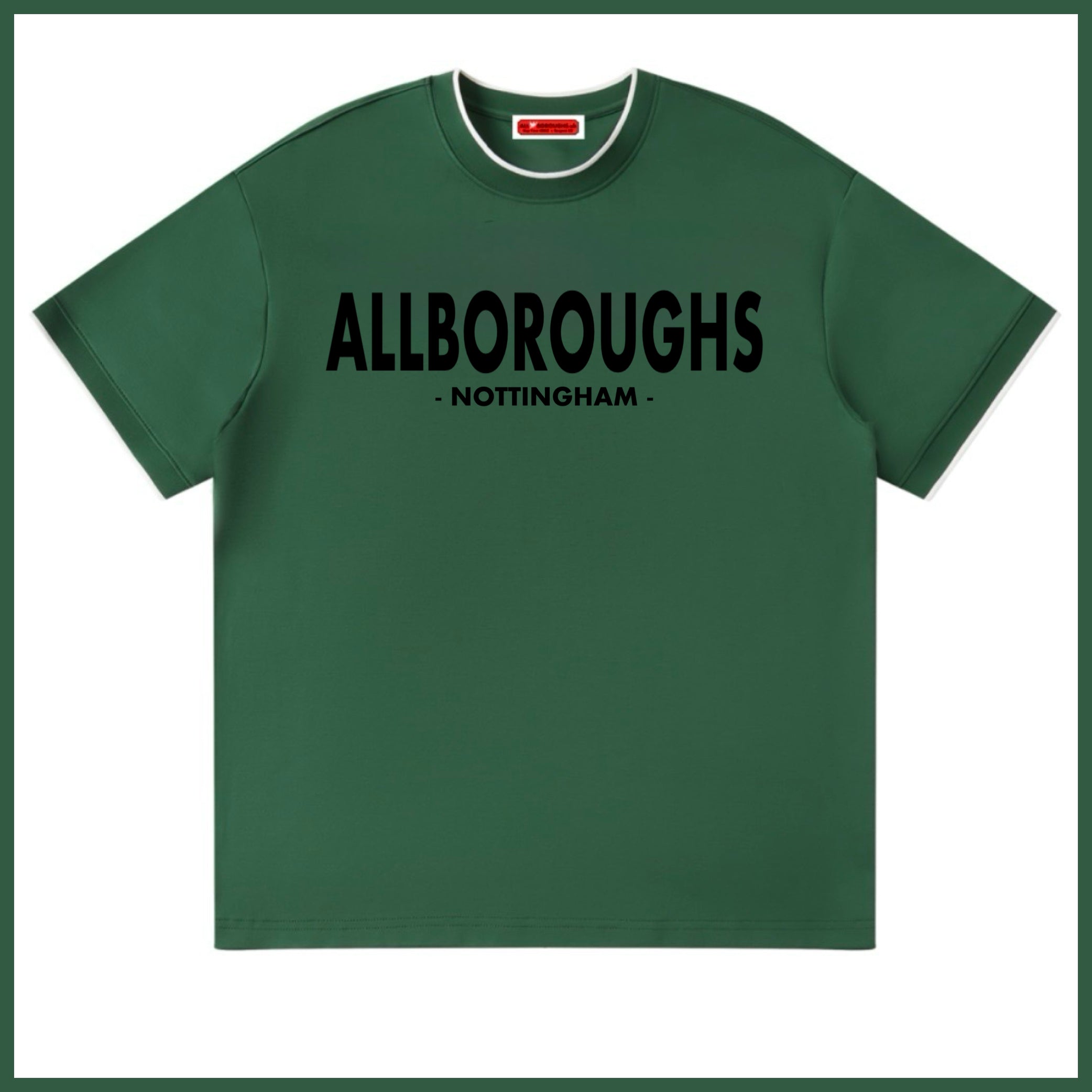 Green t-shirt with 'ALLBOROUGHS NOTTINGHAM' text on a white background