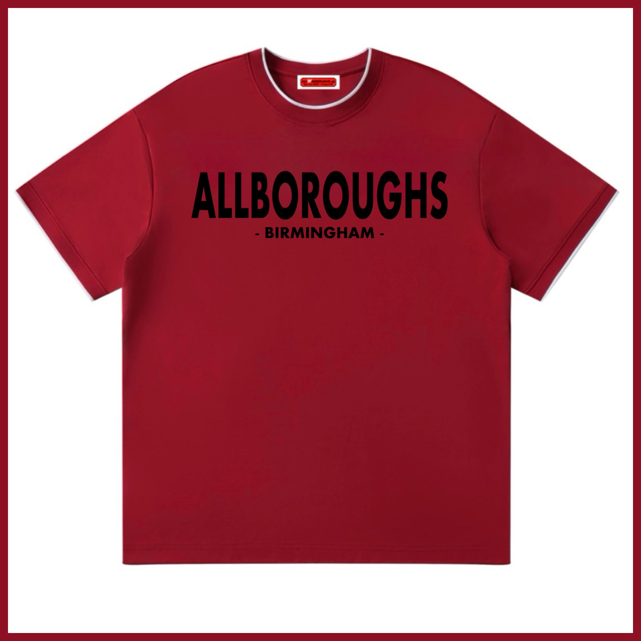 Red t-shirt with 'ALLBOROUGHS BIRMINGHAM' text on a white background