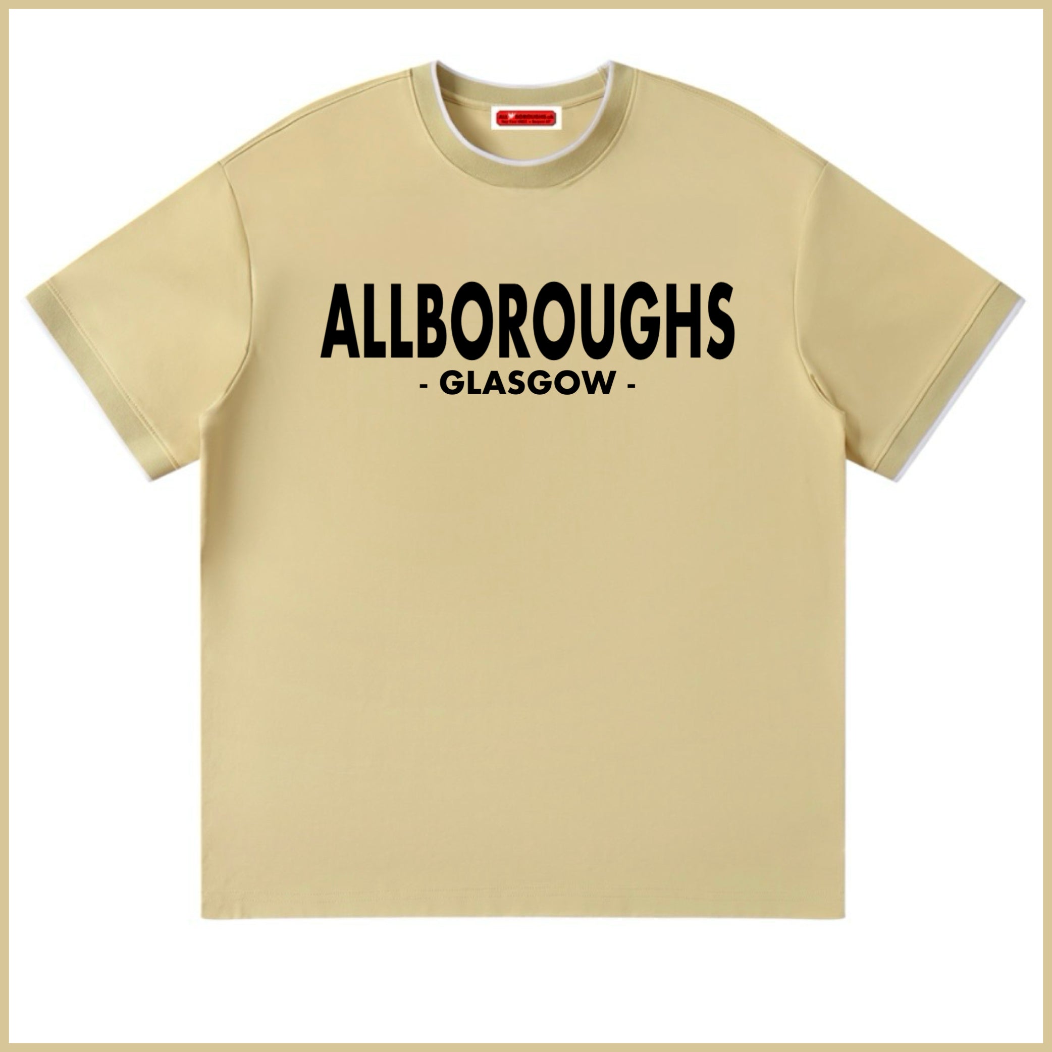 Beige t-shirt with 'ALLBOROUGHS GLASGOW' text on a white background