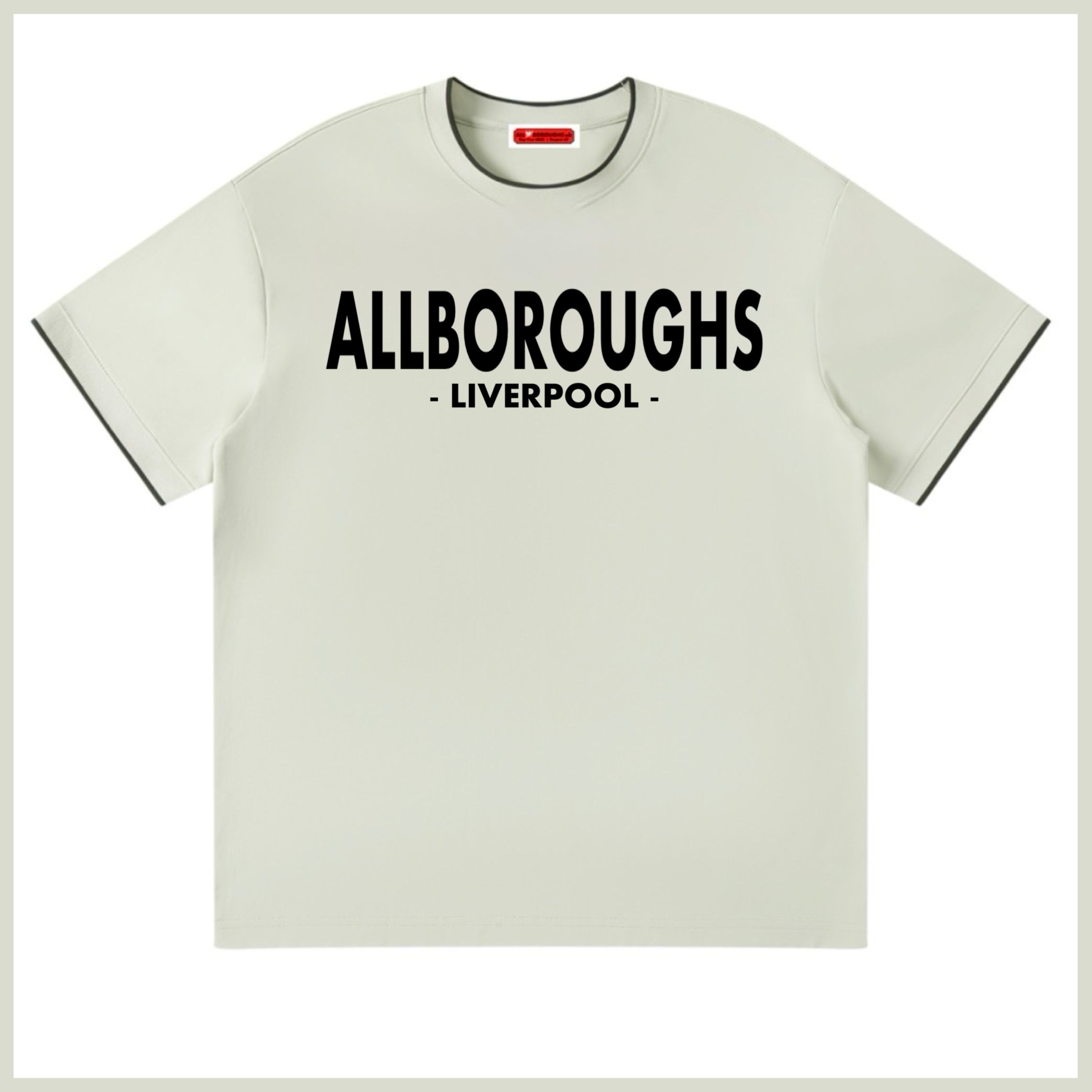 Beige t-shirt with 'ALLBOROUGHS LIVERPOOL' text on a white background