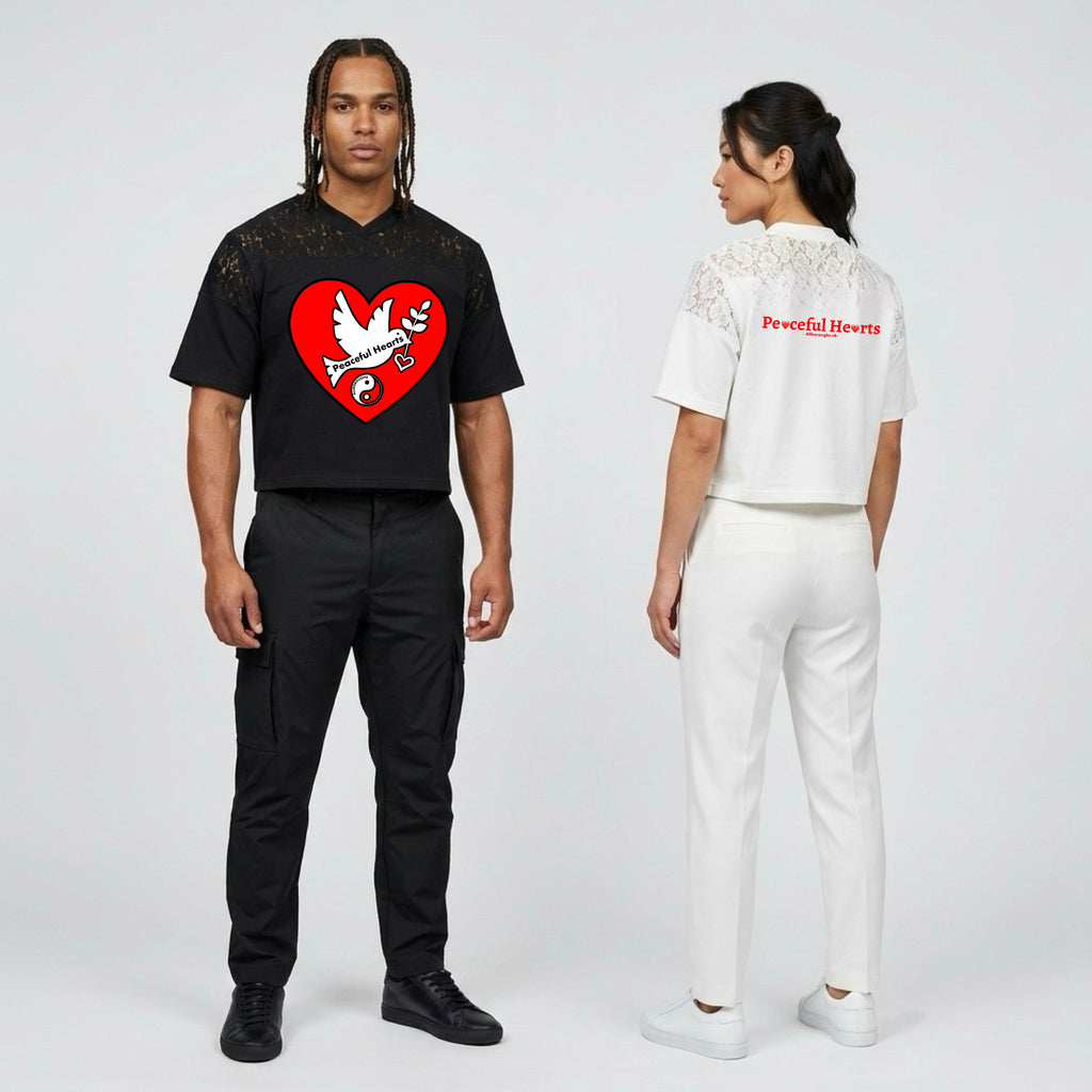 AllBoroughs Peaceful Hearts Graphic Tee — Lace Panel Drop Shoulder