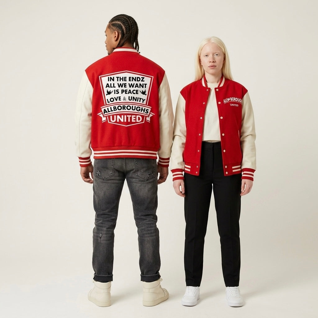 Two models wearing a red and cream AllBoroughs varsity jacket, shown from the back and front respectively, against a plain light beige studio background.