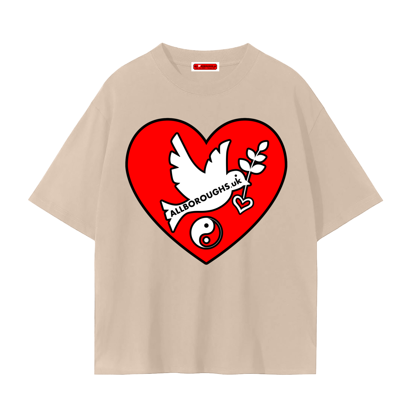 AllBoroughs Peaceful Hearts Beige t-shirt with a red heart design featuring a dove and text on a white background