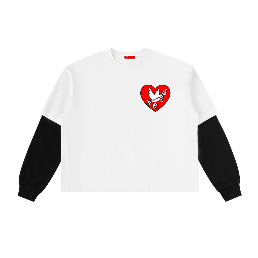AllBoroughs peaceful hearts white sweatshirt with black sleeves featuring a red heart design on a white background