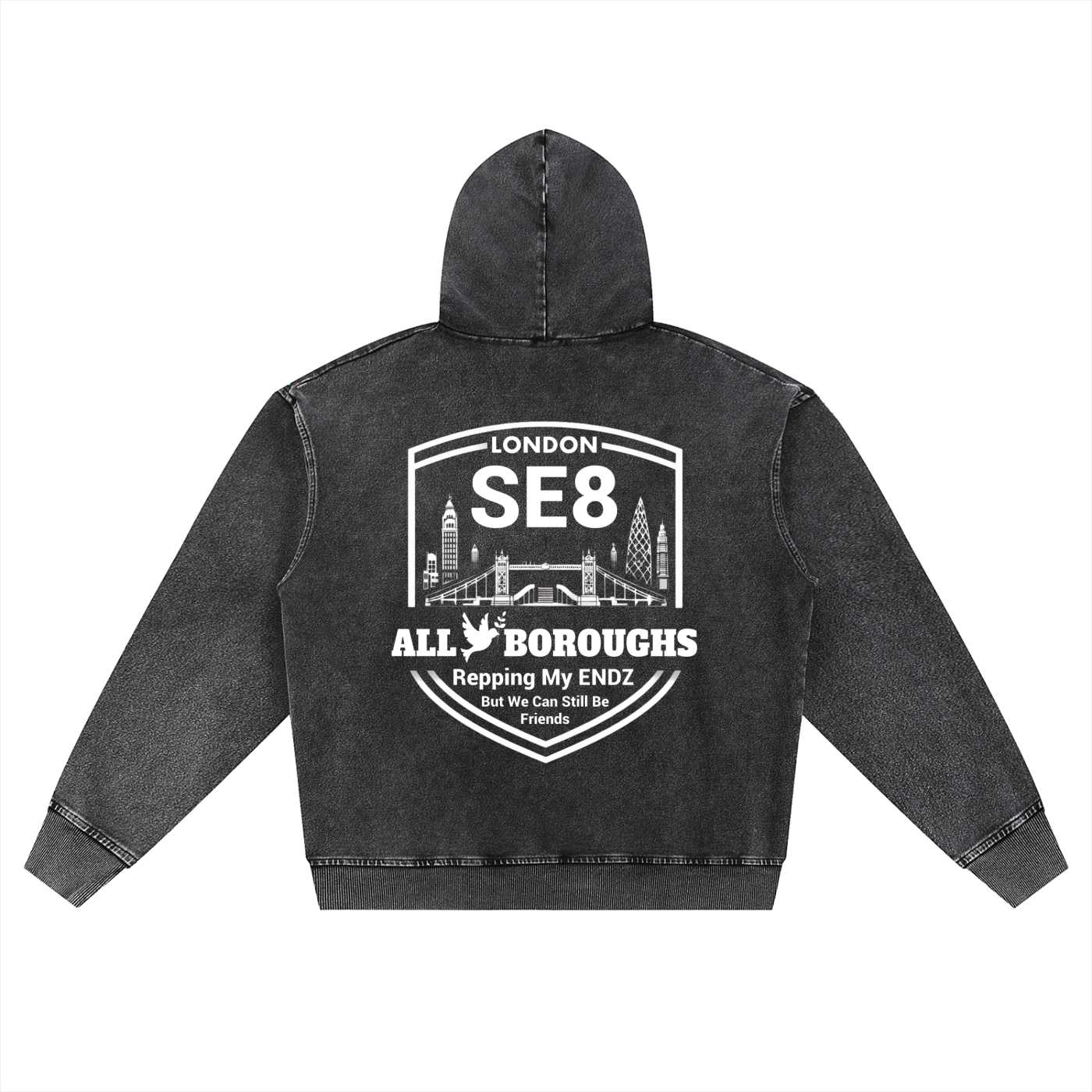 Black hoodie with white AllBoroughs text and graphics on a white background