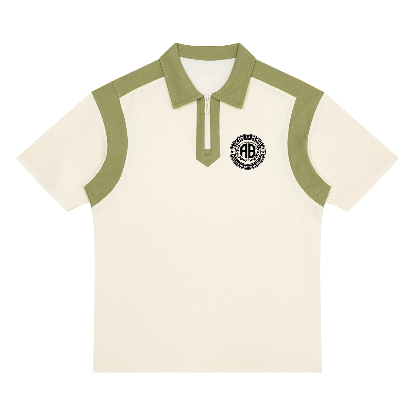 A short-sleeve polo shirt in off-white with sage green contrast panels on the shoulders, collar, and placket. A circular black and white 'AB' Allboroughs crest is printed on the left chest.