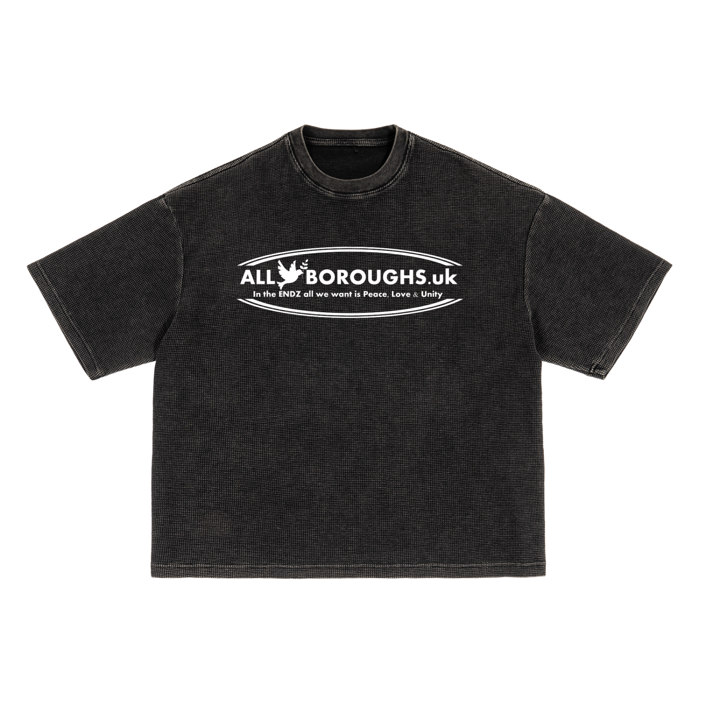 Black t-shirt with an AllBoroughs logo on a white background