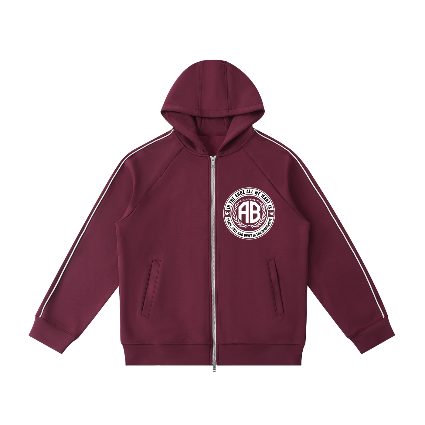Maroon hoodie with an Allboroughs  logo on the chest against a white background. Also known as All Boroughs.