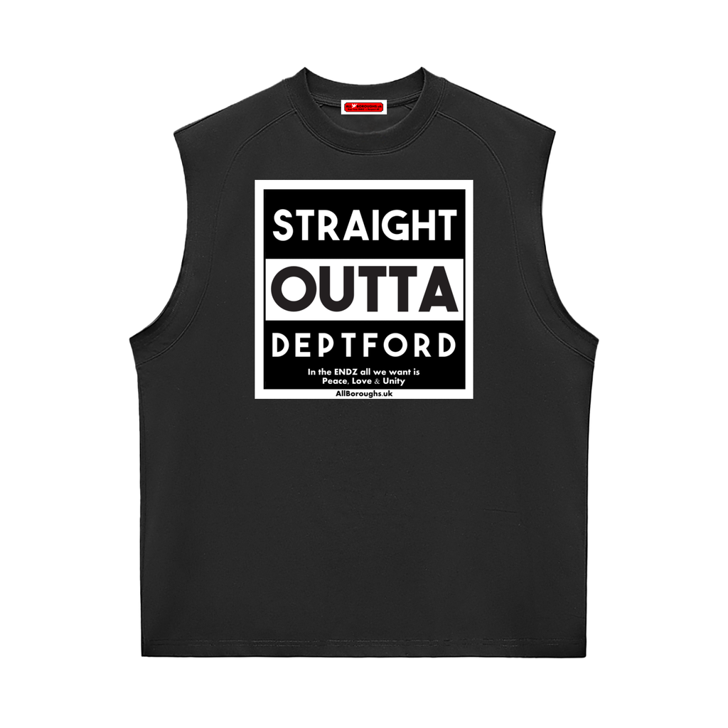 Black All Boroughs sleeveless shirt with 'Straight Outta Deptford' text on a white background