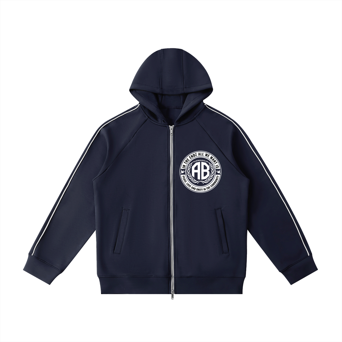 Navy blue hoodie with an Allboroughs logo on the chest against a white background. Also known as All Boroughs.