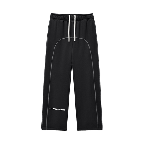 Black pants with white accents and a AllBoroughs logo, on a white background