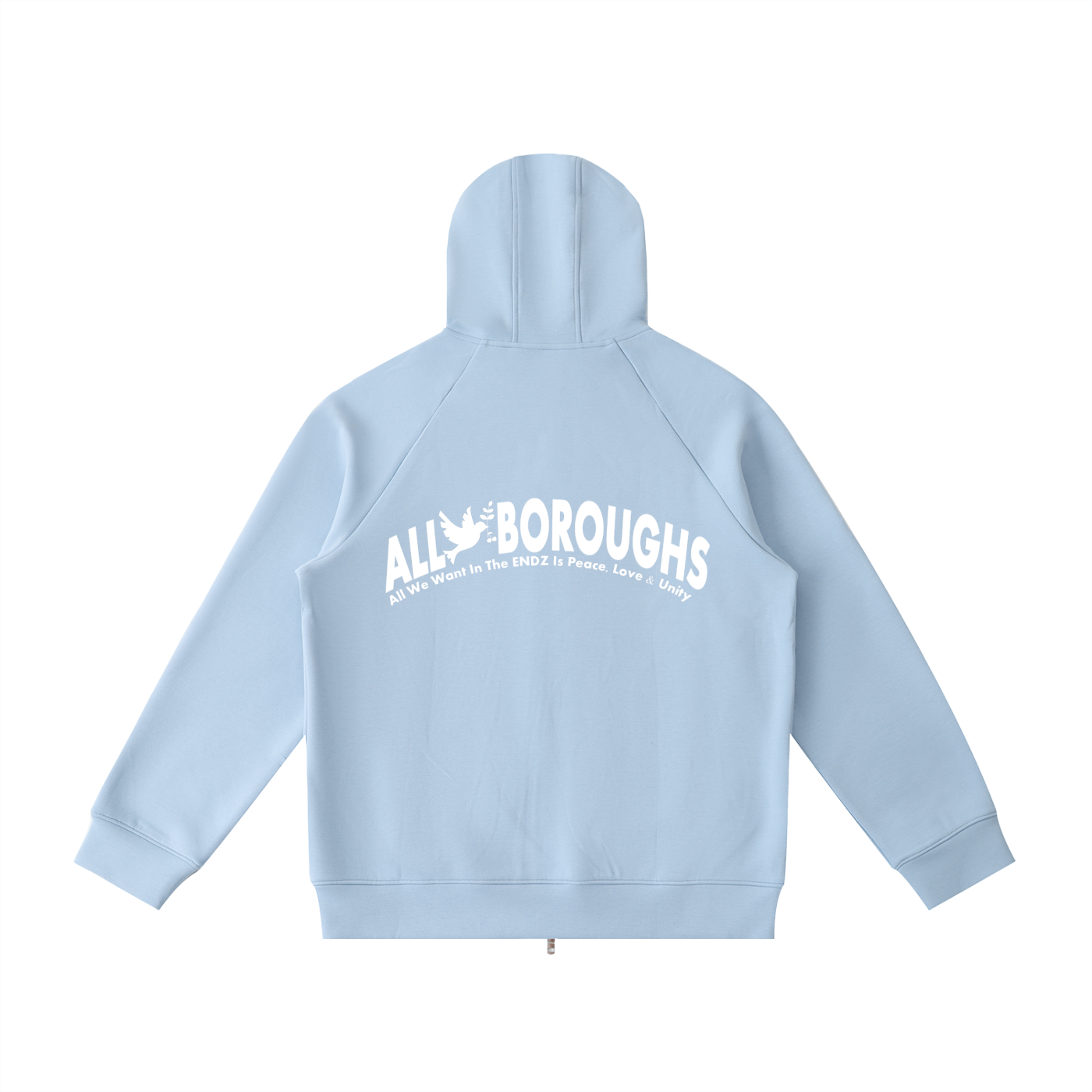 Light blue hoodie with 'All Boroughs' logo on a white background. Also known as All Boroughs.