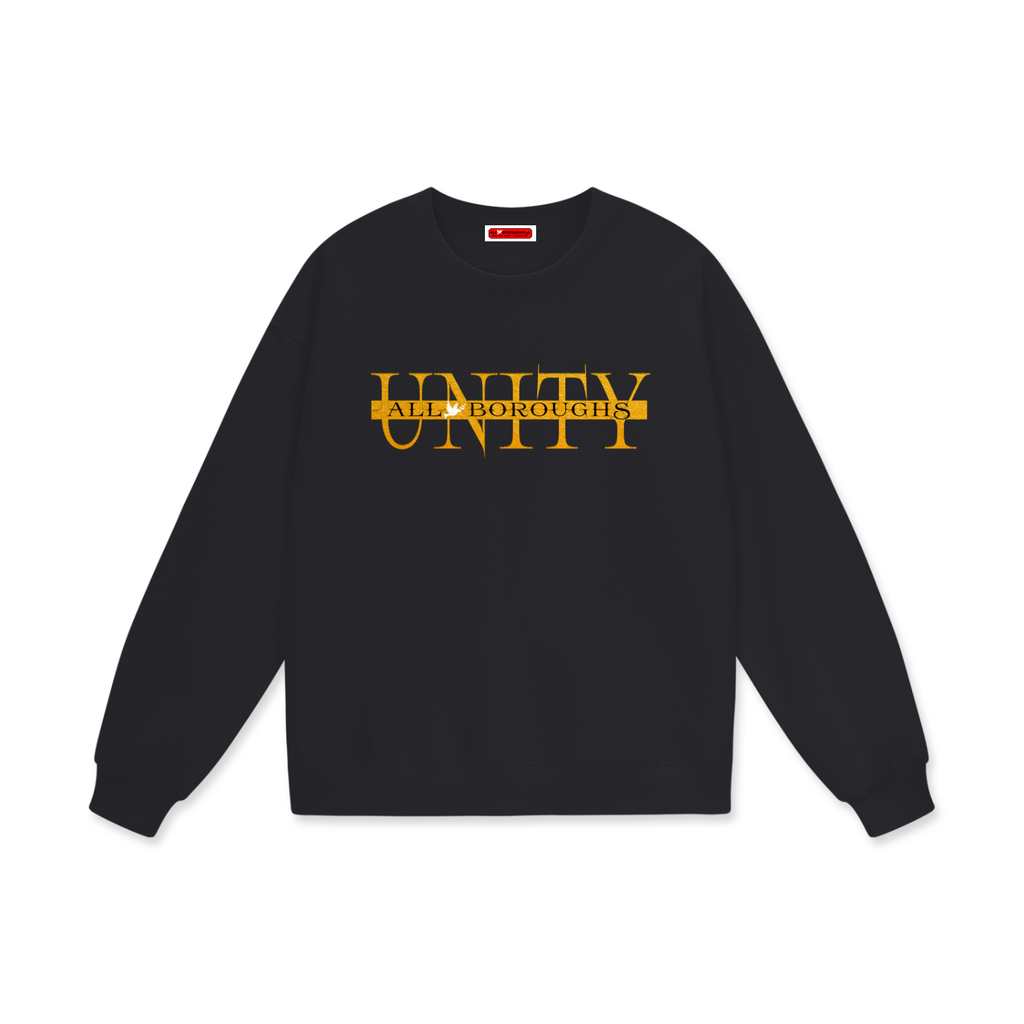 Black All Boroughs Unity sweatshirt with gold text on a white background 