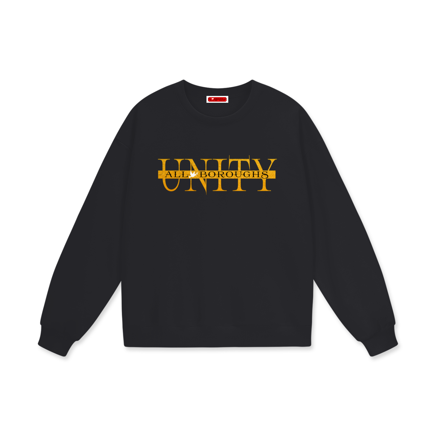 Black All Boroughs Unity sweatshirt with gold text on a white background 