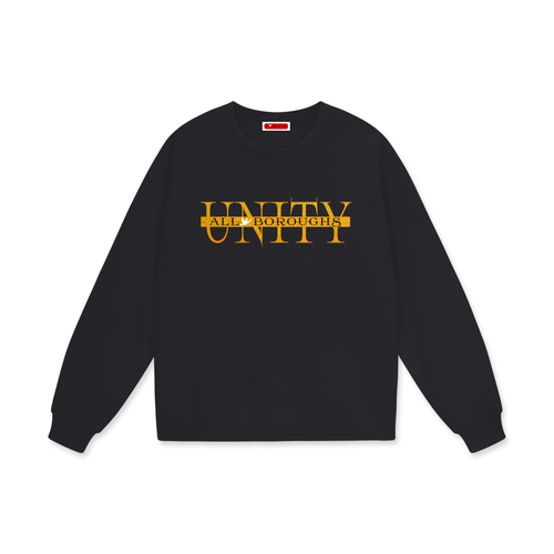 Black All Boroughs Unity sweatshirt with gold text on a white background 