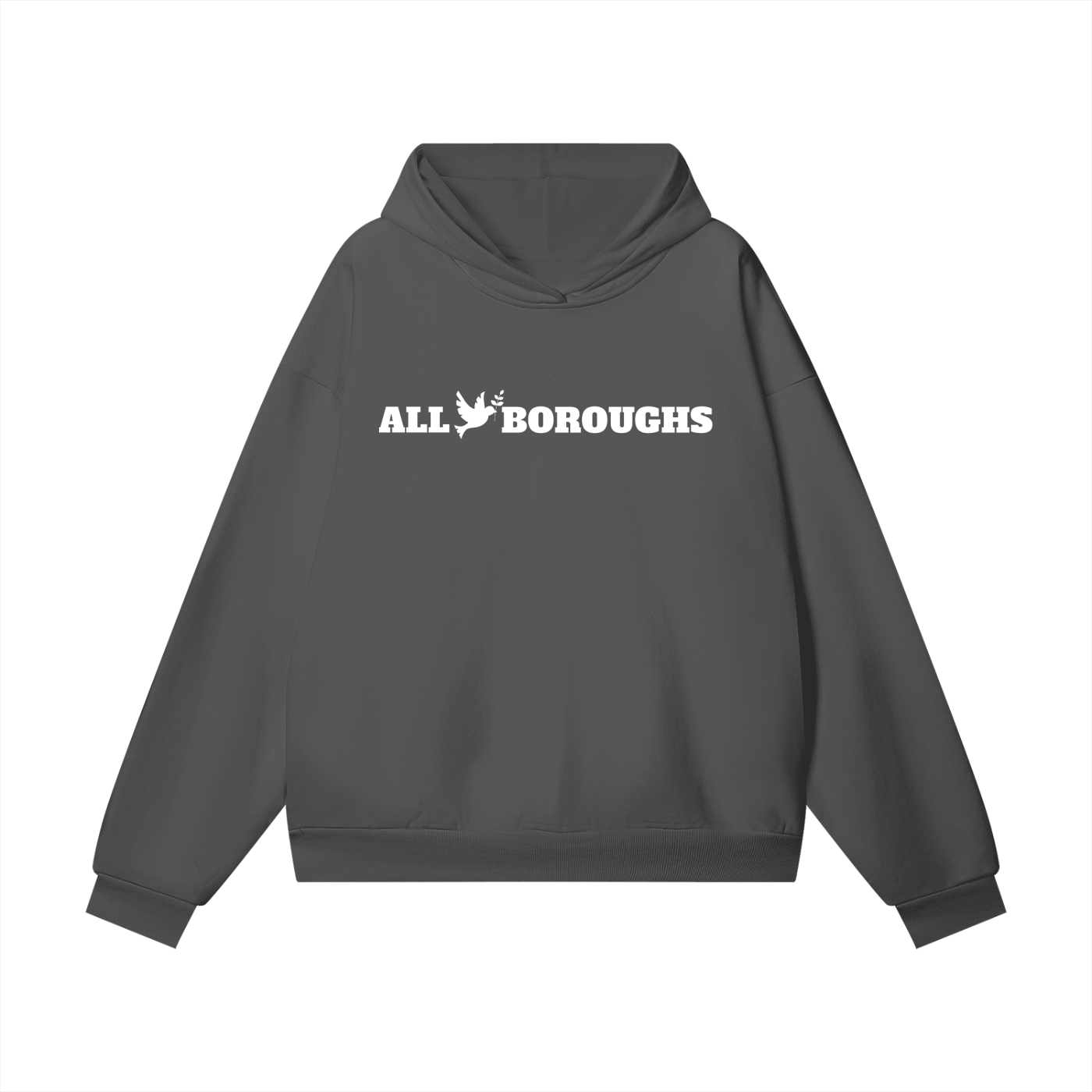 Dark grey  hoodie with 'ALL BOROUGHS' text on the front against a white background