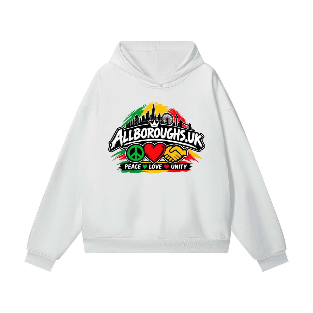Colourful AllBoroughs United Peace Love & Unity Heavyweight (460GSM) Hidden Pocket Hoodie – Oversized Streetwear Fleece