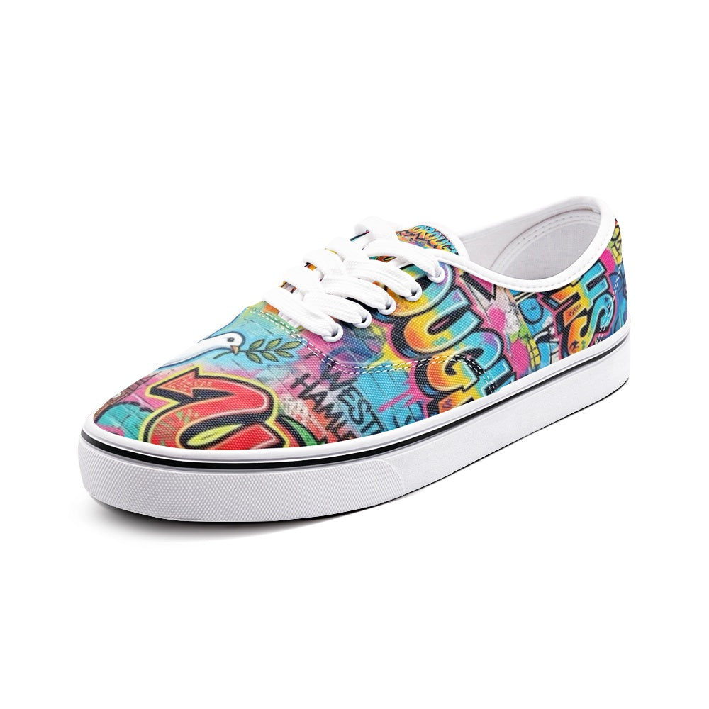 A Allboroughs low-top canvas sneaker featuring a vibrant graffiti-style multicolor print on a white base, with white laces and a white rubber sole.