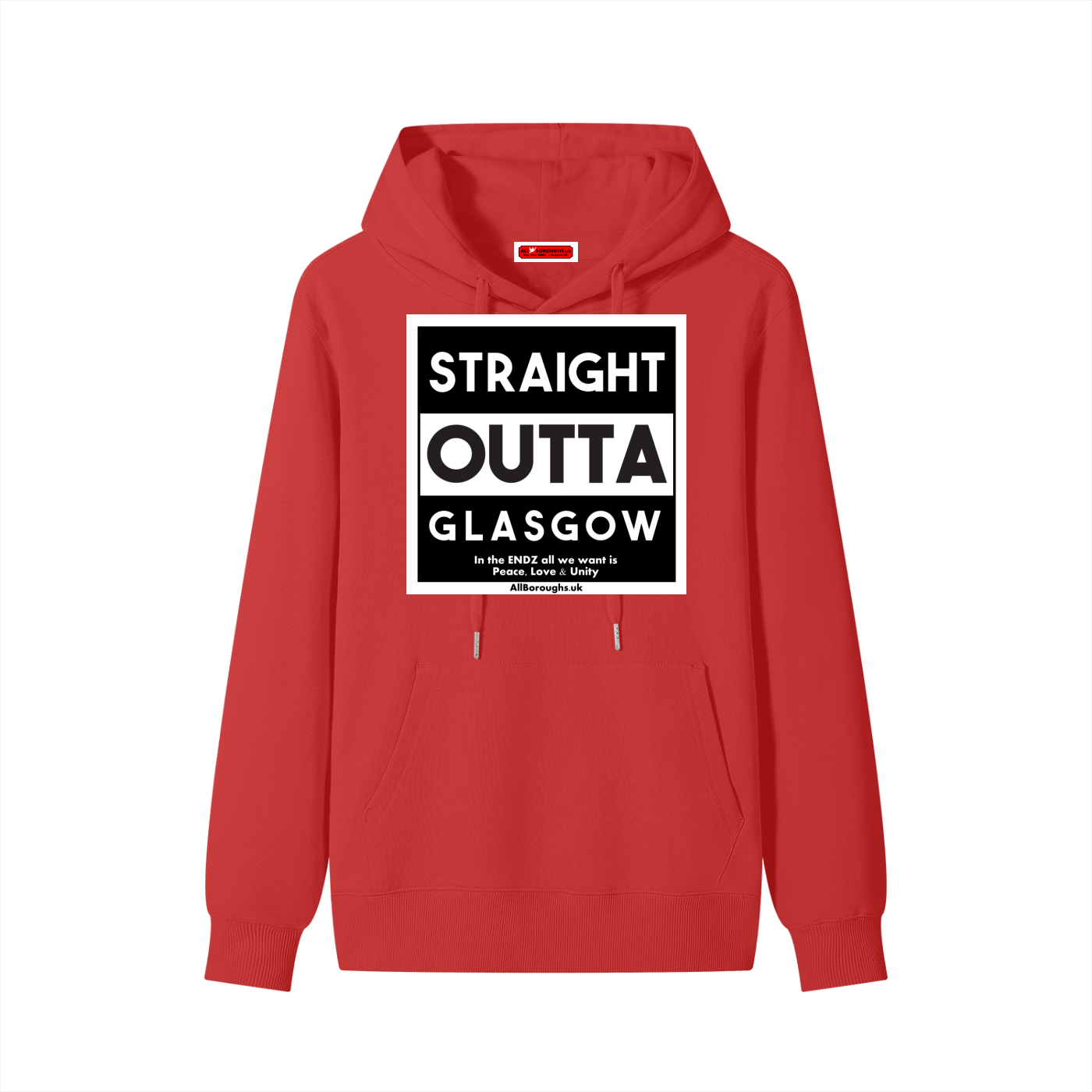 Red hoodie with 'Straight Outta Glasgow' graphic on a white background