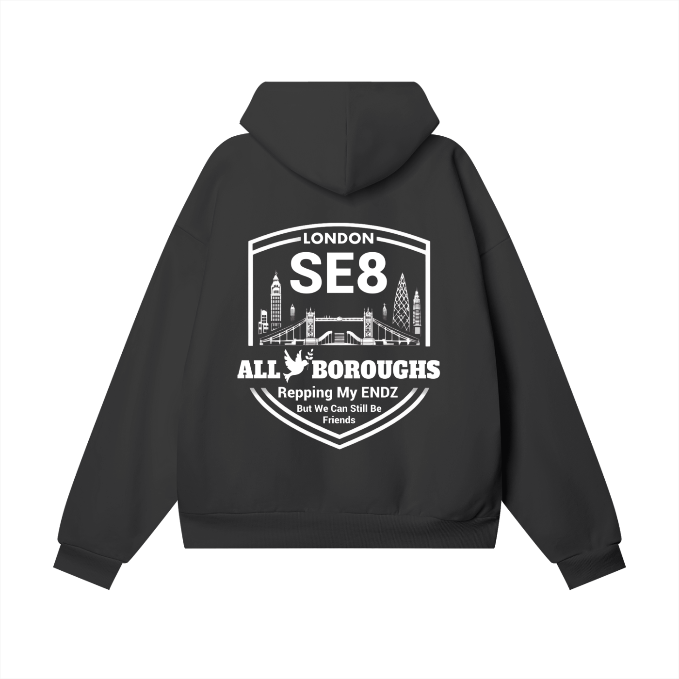 Black hoodie with white text and graphics on the back, featuring 'London SE8 All Boroughs' design.