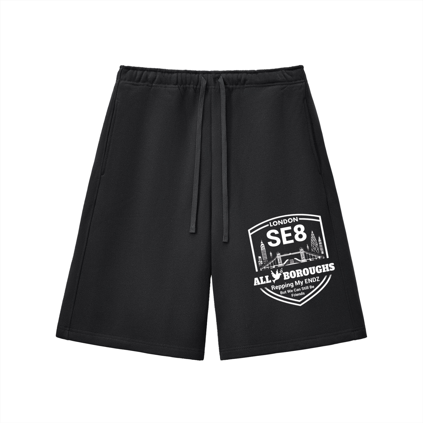 Black shorts with a white AllBoroughs graphic design on a white background