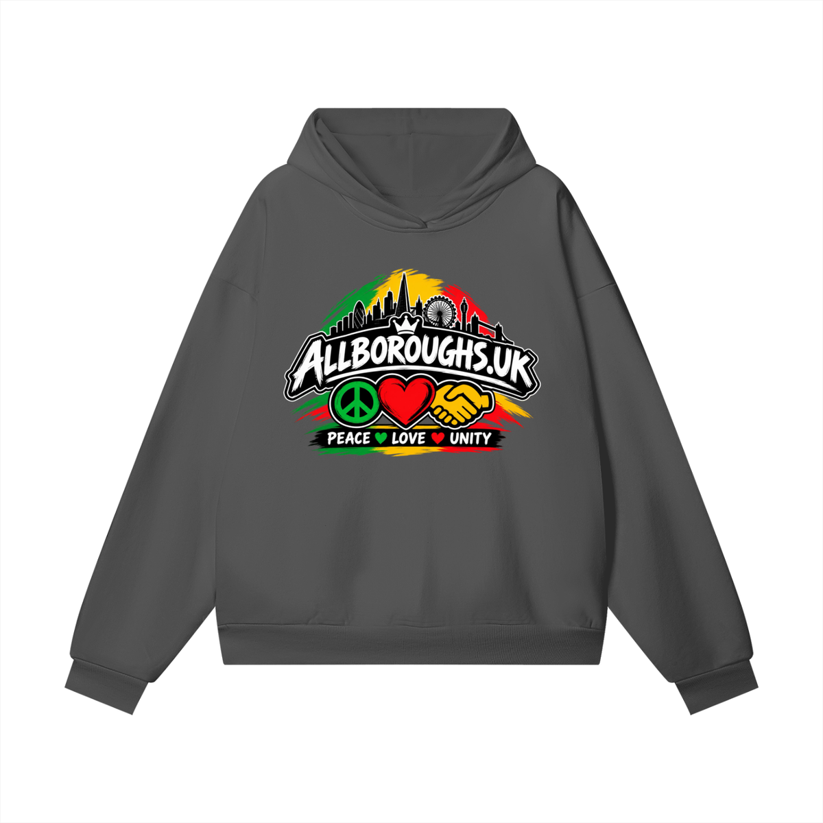 Colourful AllBoroughs United Peace Love & Unity Heavyweight (460GSM) Hidden Pocket Hoodie – Oversized Streetwear Fleece