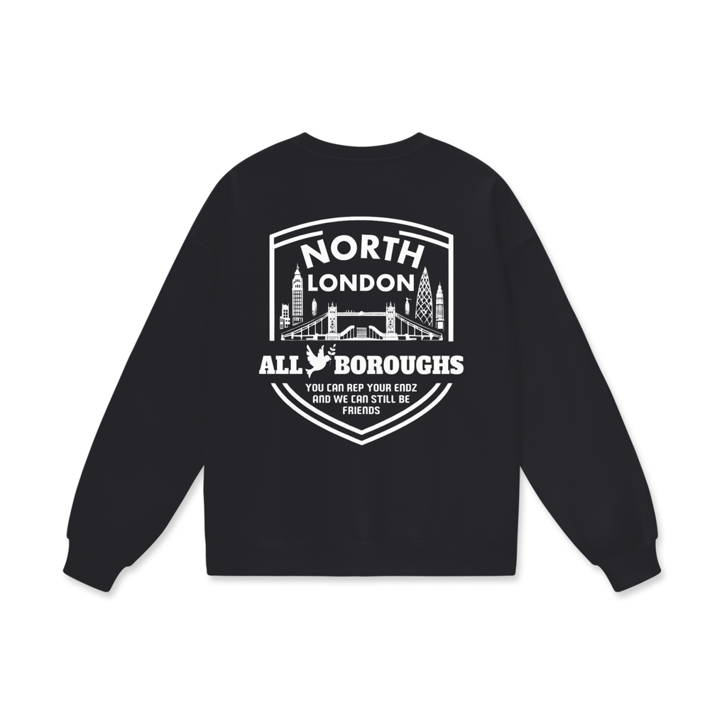 Black AllBoroughs sweatshirt with white text and North London on a white background