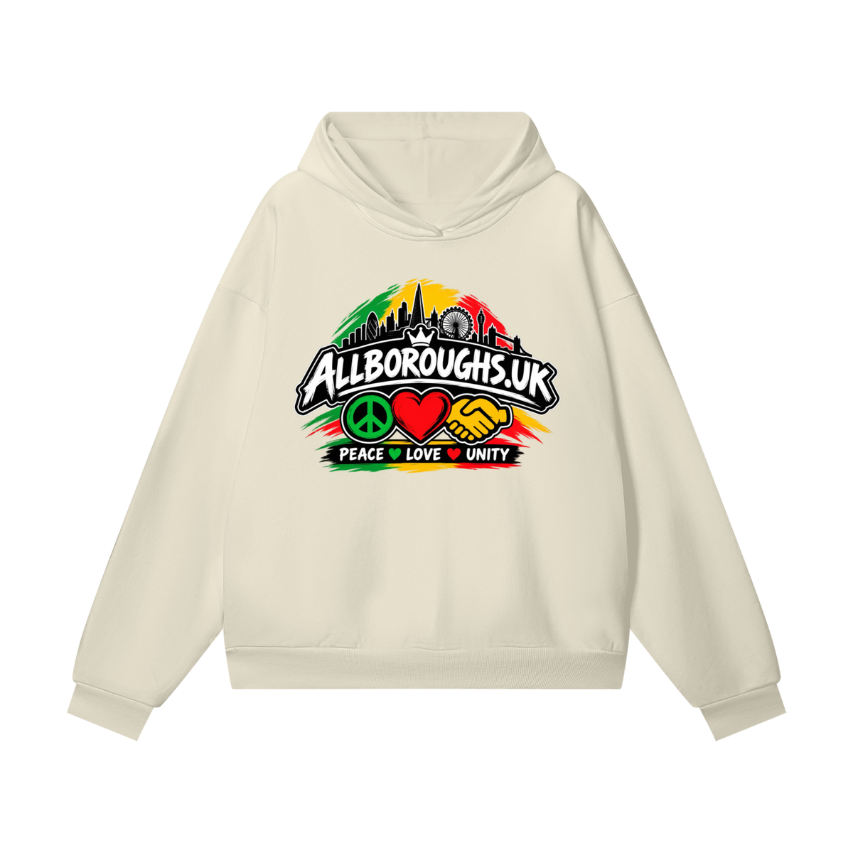 Colourful AllBoroughs United Peace Love & Unity Heavyweight (460GSM) Hidden Pocket Hoodie – Oversized Streetwear Fleece