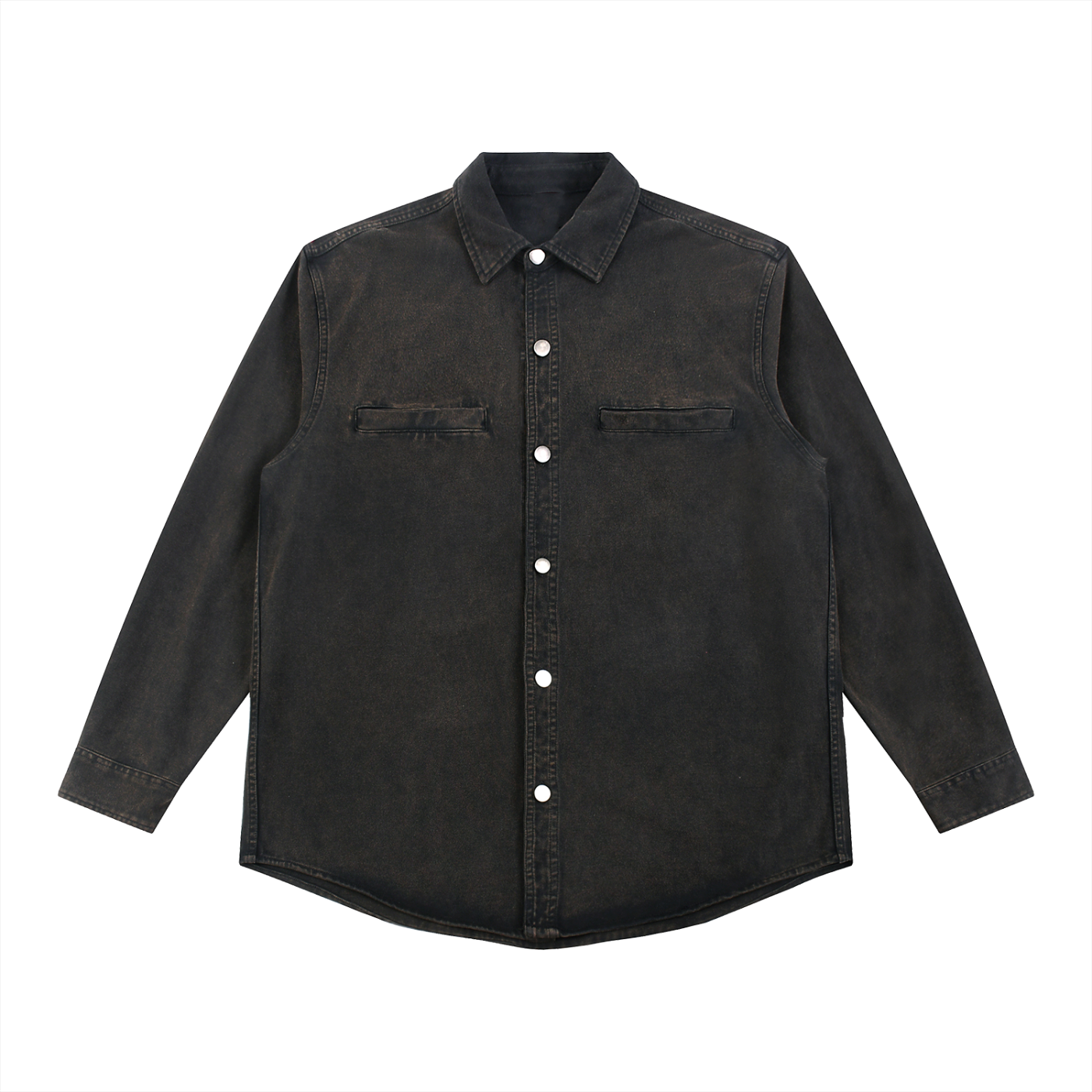 Black denim shirt with white buttons on a white background
