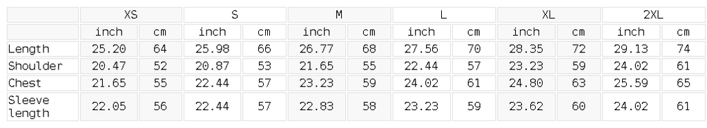 AllBoroughs Varsity jacket measurement chart for clothing sizes XS to 2XL in both inch and cm.