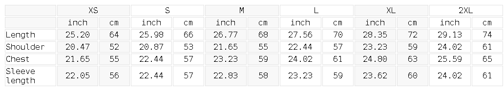 AllBoroughs Varsity jacket measurement chart for clothing sizes XS to 2XL in both inch and cm.